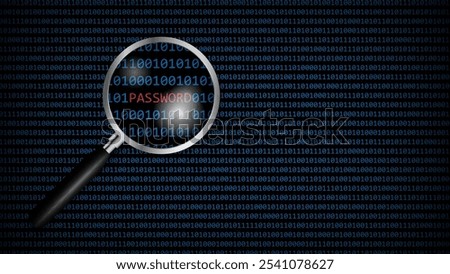 Password under magnifying glass with digital computer code, cyber technology security, network protection background design, vector illustration