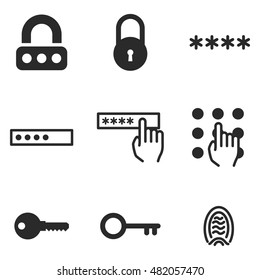 password vector icons. Simple illustration set of 9 password elements, editable icons, can be used in logo, UI and web design