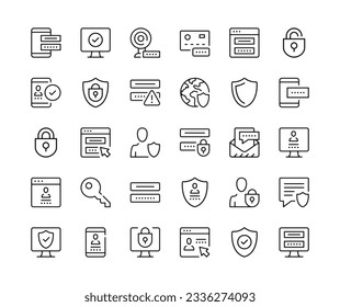 Password. Vector line icons set. Computer protection, safety, cybersecurity, privacy, online security concepts. Black outline stroke symbols