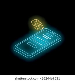 Password viewing with eye icon over smartphone with neon isometric projection on dark background