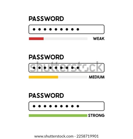 Password weak, medium and strong. Authorization concept. Digital security password authentication. Cyber security technology. Template for ui or ux design, creating sites. Vector illustration.