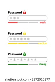 Icono de barra débil, medio y fuerte de contraseña. Ciberseguridad digital. Ventana de autorización, inicio de sesión para ingresar a la cuenta o correo electrónico. vector