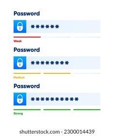 Password weak, medium and strong. Password form template for website and programs. Digital security bar. Safety requirement. Vector illustration.