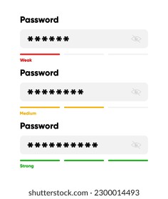 Contraseña débil, media y fuerte. Plantilla de formulario de contraseña para el sitio web y los programas. Barra de seguridad digital. Requisitos de seguridad. Ilustración vectorial.