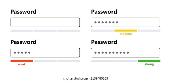 Interfaz débil, media y fuerte de contraseña. Plantilla de formulario de contraseña para el sitio web. Barra de seguridad digital. Requisitos de seguridad. Interfaz de diseño de aplicaciones. Ilustración vectorial aislada en fondo blanco.