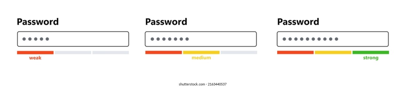 Password weak, medium and strong interface. Password form template for website. Digital security bar. Safety requirement. App design layout interface. Vector illustration isolated on white background.