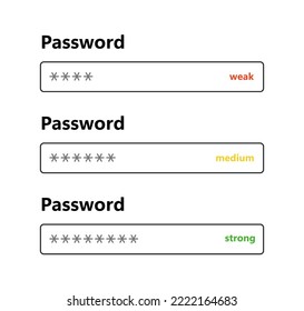 Password weak, medium and strong interface. Password form template for website. Digital security bar. Safety requirement. App design layout interface. Vector illustration isolated on white background.