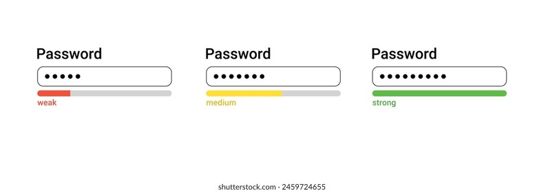 Password weak, medium, strong interface. Password website template. Digital security bar interface. Vector illustration