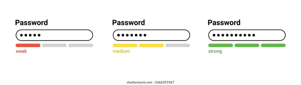 Password weak, medium, strong interface. Password website template. Digital security bar interface. Vector illustration