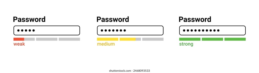 Password weak, medium, strong interface. Password website template. Digital security bar interface. Vector illustration