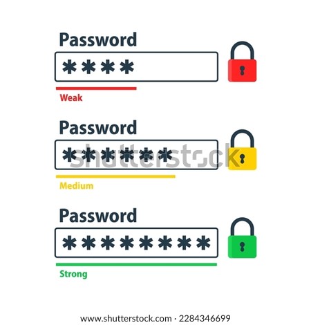 Password weak, medium and strong. User data protection. Safety requirement. Password complexity level