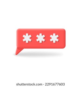 Password window. Registration pop up widow with hidden symbols. 3D login or secret pin code. Vector icon
