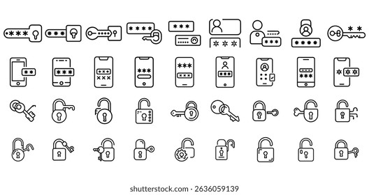 Passwordless Security Access Icon Set. Vector EPS with Biometric Symbols, Face Unlock, and Multi Factor Authentication for Mobile Apps and Tech UI, UX Design