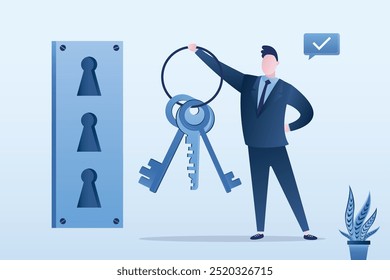 Passwords from different accounts. Methods of protecting personal data, verification of users identity. Male user holds bunch of keys for authorization and open many keyhole and locks. flat vector