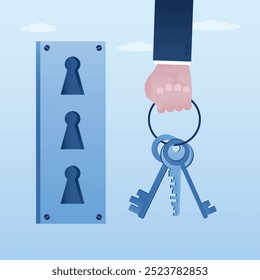 Passwords from different accounts. Methods of protecting personal data, verification of users identity. User hand holds bunch of keys for authorization and open many keyhole and locks. flat vector