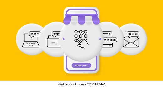 Icono de juego de contraseñas. Portátil, bloqueo, carta, documento, clave gráfica, disco duro, sobre, correo electrónico, privado, periódico. Concepto de privacidad. pantallas de aplicación de teléfono de interfaz de usuario. Icono de línea de vector para publicidad.
