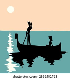 Past age 2 young guy lady wife pair rest feel joy look sea scenery old ancient scenic view white sun morn sunrise sky text space. Outlin black ink pen hand drawn retro male boy date ride urban park walk Venezia town cruise city scene doodl line art style