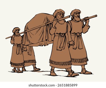 Past age ritual group high levit raise bear big pole altar box arm white robe cloth torah lord law ministry go walk east sinai desert road way Hand drawn jew angel sketch retro judaic engrav art style
