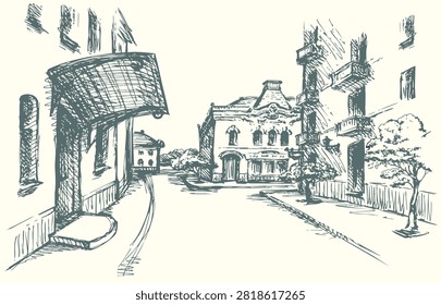 Past age square place small medieval edifice wall lamp roof tent artwork isolat white paper sky text space. Black line ink pen hand drawn artist style romantic narrow France German sidewalk way scenic view picture cartoon outline art texture backdrop