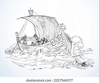 Vektorgrafik. Seeleute auf einem Schiff im Sturm