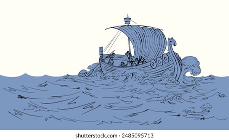 Past bible war century age wood norse travel norway pirate swim warship galley oar row mast rig wind cloth trade deck white river sky Black line hand drawn retro biblic story cartoon art vector sketch