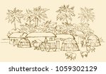 Past biblic babel aged jungle rural tribe adobe. Early arabic peasant slave job scene. Old clay mud abode, round thatch shack barn, donkey wagon. Outline ink hand draw picture sketch in retro style