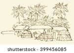 Past biblic babel aged jungle rural tribe adobe. Early arabic peasant slave job scene. Old clay mud abode, round thatch shack barn, donkey wagon. Vector outline hand draw picture sketch in retro style