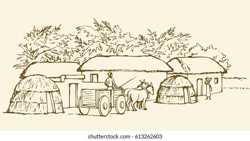 Past biblic babel aged jungle rural tribe adobe. Early arabic peasant slave job scene. Old clay mud abode, round thatch shack barn, donkey wagon. Vector outline hand draw picture sketch in retro style