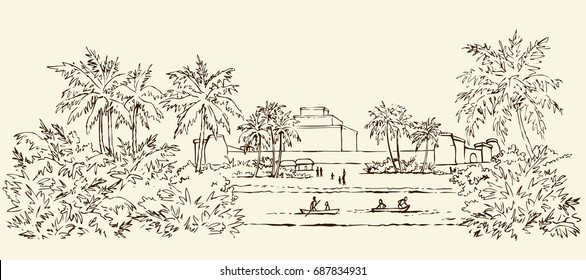 Past biblic sumer babil aged tropical rural tribe dwelling. Aramean chaldean peasant job scene. Middle east old semitic view. Ink drawn picture sketch in art retro etching graphic style pen on paper