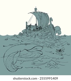 Past blue viking history bible age travel norway pirate mast deck float wind white even sky. Black line hand drawn big wild baleen mouth giant fin jump tail sink retro biblic story cartoon art sketch