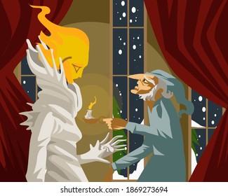 Past Candle Ghost And Old Man In Christmas Carol Tale