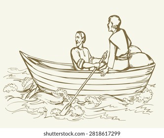 Past century age danger north sweden war cossack pirate cloth arm swim storm wind wave explor nordic armor attack drakkar warship galley sail white sky. Black line drawn navy sailboat deck hero biblic disciple apostle faith cartoon outline art sketch