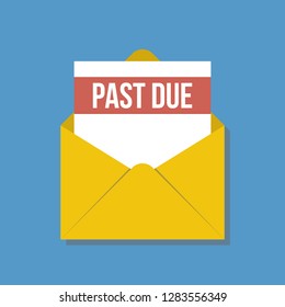 Past Due Letter In Yellow Envelope, Flat Vector Illustration