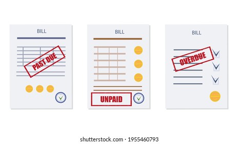 Past Due, Overdue, Or Unpaid Bill. Set Of Consumable Documents, Calculation Table With A Delay In Payment And Repayment Schedule. Debt Or Past Purchase Notice.Financial Data, Stamp, Red Mark. Vector