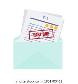 Past due, unpaid or overdue bill. An expense document with a delay payment in an envelope. Debt or past purchase notice.Financial data and red stamp. Vector
