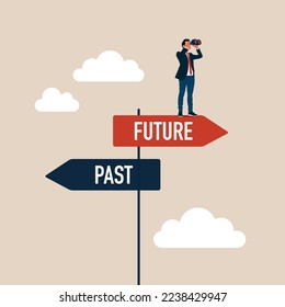 Past and future. Businessman confidently chooses to move forward to the future. Modern vector illustration flat design