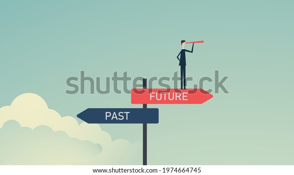 Past and future concept.  Past, and future\
business alternative. Businessmen confidently chooses to move\
forward to the future