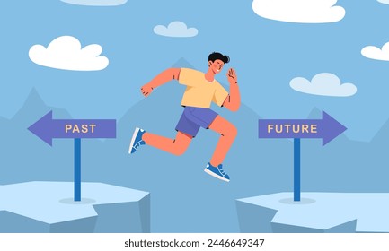 Past or future concept. Man run and jump over gaps with roadigns. Motivation, aspiration and leadership. Traffic pointers and guidepost. Cartoon flat vector illustration isolated on blue background