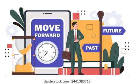 Past and future concept. Man in suit near hourglass and signpost. Aspiration and planning, scheduling. Businessman with success. Cartoon flat vector illustration isolated on white background