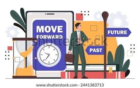 Past and future concept. Man in suit near hourglass and signpost. Aspiration and planning, scheduling. Businessman with success. Cartoon flat vector illustration isolated on white background