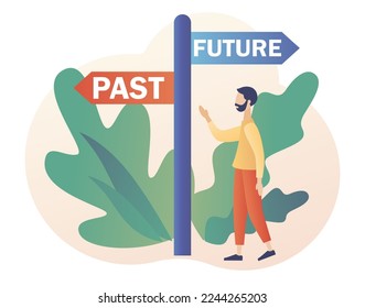 Past and future concept.  Move forward metaphor. Tiny man choice between past and future. Business alternative.Modern flat cartoon style. Vector illustration on white background