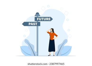 Past and future concept, People's choice between past and future, Business alternatives, Future metaphor, Modern flat cartoon style, Vector illustration on a white background.