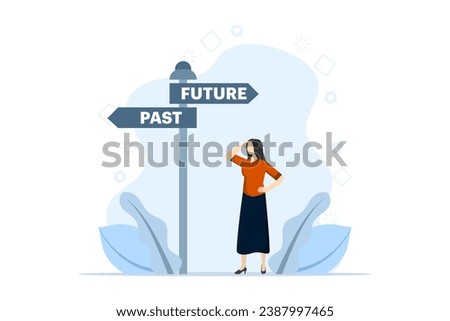Past and future concept, People's choice between past and future, Business alternatives, Future metaphor, Modern flat cartoon style, Vector illustration on a white background.