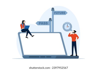 Past and future concept, Society's choice between past and future, Business alternatives, Future metaphor, Modern flat cartoon style, Vector illustration on a white background.