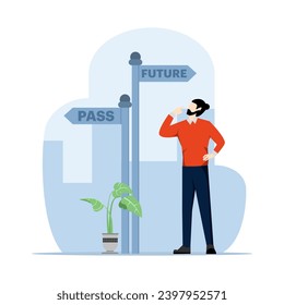 Früheres und zukünftiges Konzept, Gesellschaftswahl zwischen Vergangenheit und Zukunft, Business-Alternativen, Zukunftsmetapher, Moderner Flach-Cartoon-Stil, Vektorgrafik auf weißem Hintergrund.