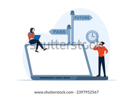Past and future concept, Society's choice between past and future, Business alternatives, Future metaphor, Modern flat cartoon style, Vector illustration on a white background.