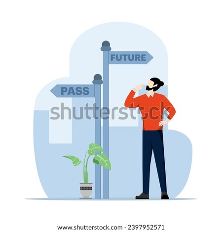 Past and future concept, Society's choice between past and future, Business alternatives, Future metaphor, Modern flat cartoon style, Vector illustration on a white background.