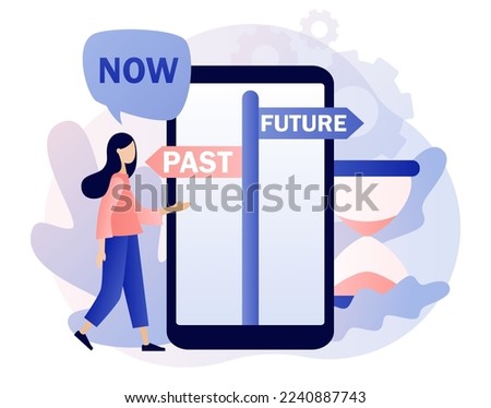 Past and future concept. Tiny woman choice between past and future. Business alternative. Move forward metaphor. Modern flat cartoon style. Vector illustration on white background