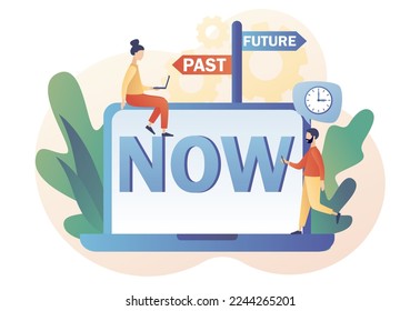 Past, future, now concept. Move forward metaphor. Tiny man choice between past and future. Business alternative. Modern flat cartoon style. Vector illustration on white background