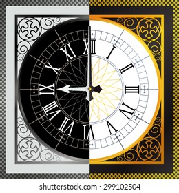 Past and future, past and present. Half gold clock. abstract time background